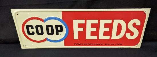 EMBOSSED TIN SIGN COOP FEEDS CONSUMERS COOP