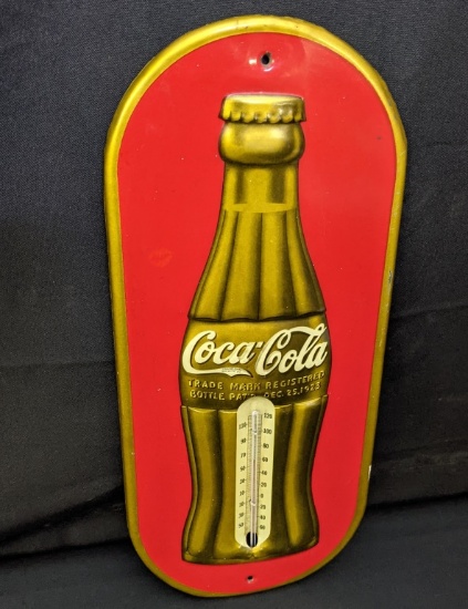 EMBOSSED TIN THERMOMETER SIGN COCA COLA GOLD