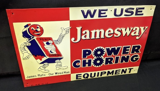 NOS EMBOSSED TIN SIGN JAMESWAY POWER CHORING