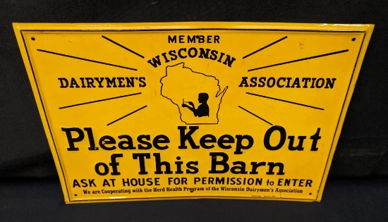 NOS EMBOSSED TIN SIGN WISCONSIN DAIRYMEN KEEP OUT