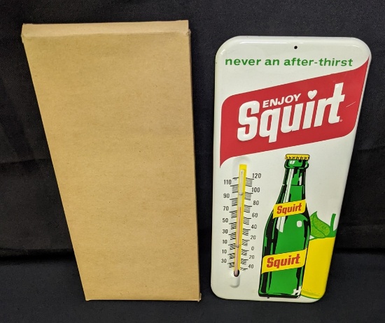 NOS TIN THERMOMETER SIGN ENJOY SQUIRT SODA POP