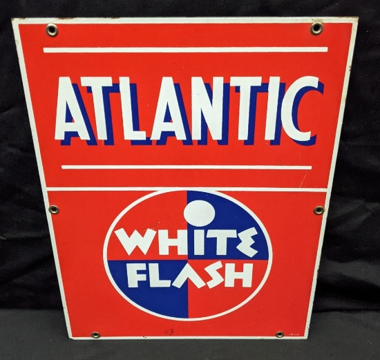 PORCELAIN GAS PUMP SIGN ATLANTIC WHITE FLASH GASO