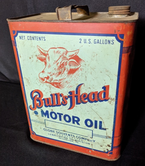 2 GAL OIL CAN BULLS HEAD GLOBE SOLVENT PHILADELPIA