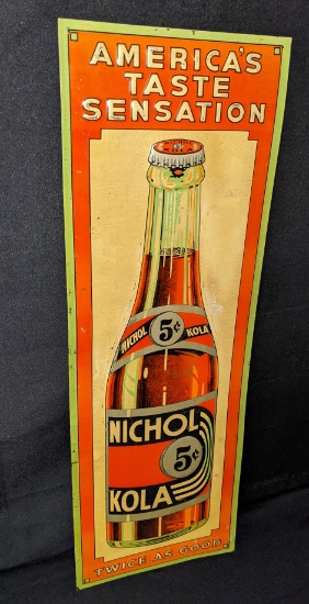 EMBOSSED TIN SIGN 5 CENT NICHOL KOLA SODA POP