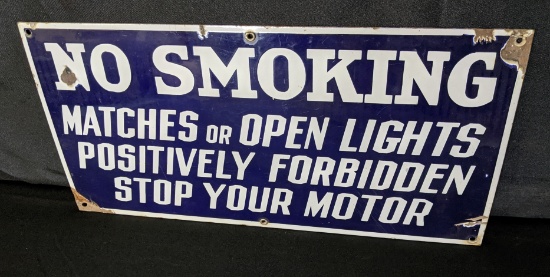 EARLY PORCELAIN SIGN NO SMOKING STOP YOUR MOTOR