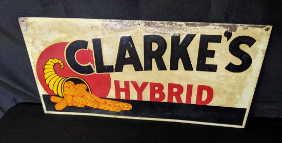 EMBOSSED TIN SIGN CLARKES HYBRID SEED CORN