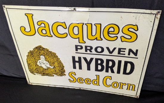EMBOSSED TIN SIGN JACQUES HYBRID SEED CORN