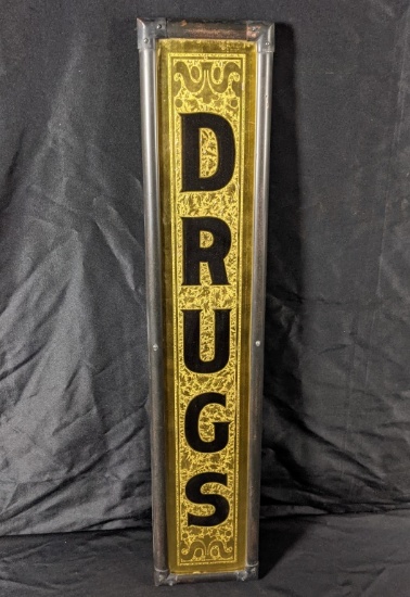 REVERSE CHIPPED GLASS SIGN DRUGS DRUG STORE