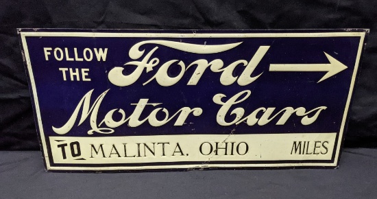 EMBOSSED TIN SIGN FOLLOW THE FORD MOTOR CARS