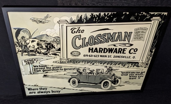 EMBOSSED TIN SIGN CLOSSMAN HARDWARE ZANESVILLE OH
