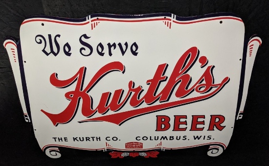 DIE CUT PORCELAIN SIGN KURTH'S BEER COLUMBUS WI