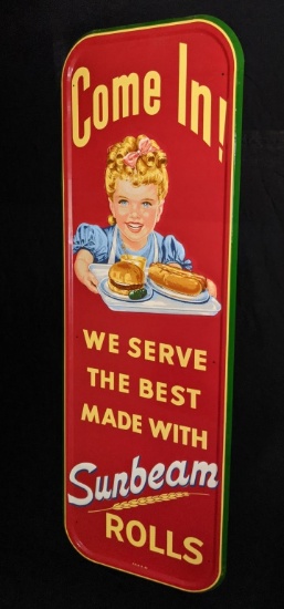 NOS EMBOSSED TIN SIGN WE SERVE SUNBEAM ROLLS