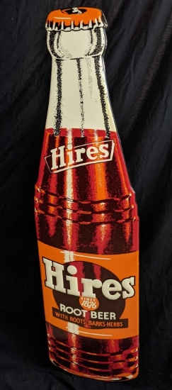 EMBOSSED TIN DIE CUT BOTTLE SIGN HIRES ROOT BEER