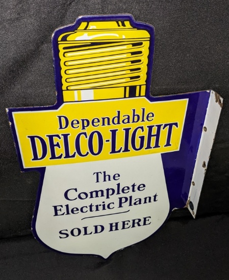 PORCELAIN FLANGE SIGN DELCO LIGHT SOLD HERE