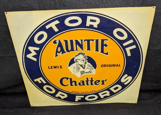 EMBOSSED TIN SIGN AUNTIE CHATTER MOTOR OIL FORDS