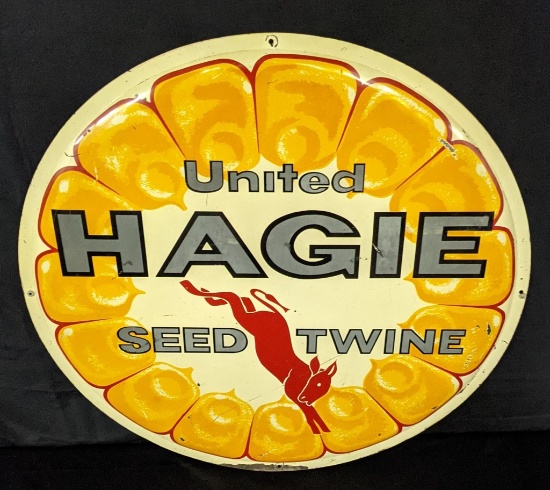EMBOSSED TIN SIGN UNITED HAGIE SEED CORN & TWINE