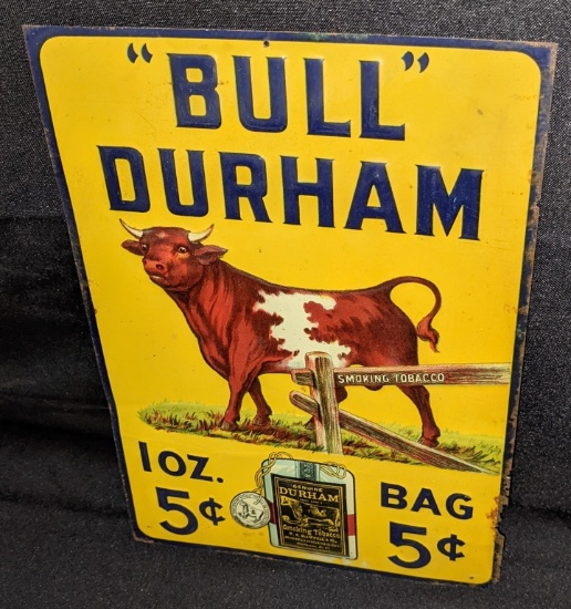 EMBOSSED TIN SIGN BULL DURHAM SMOKING TOBACCO