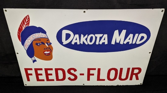 PORCELAIN SIGN DAKOTA MAID FEEDS & FLOUR INDIAN
