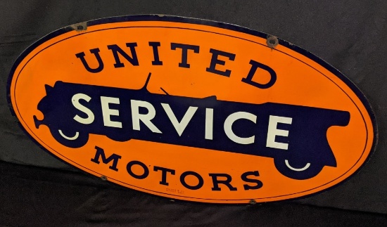 PORCELAIN SIGN UNITED MOTORS SERVICE WHITE WHEELS