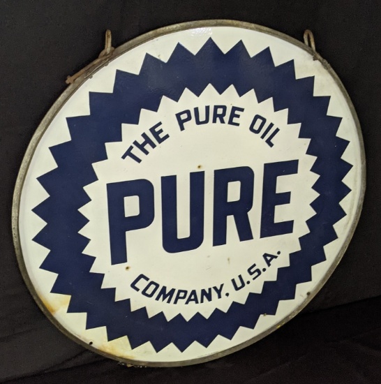 PORCELAIN SIGN THE PURE OIL CO GASOLINE IRON RING