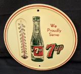 TIN THERMOMETER SIGN WE PROUDLY SERVE 7UP 7UP