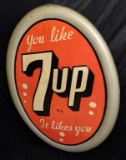 CONVEX TIN SIGN YOU'LL LIKE 7UP IT LIKES YOU 7 UP