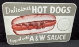 NOS EMBOSSED TIN SIGN A&W ROOT BEER HOT DOG SAUCE