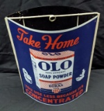 2 SIDED TIN STRING HOLDER SIGN OLO SOAP POWDER