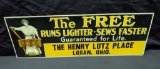 EMBOSSED TIN SIGN THE FREE SEWING MACHINE HENRY