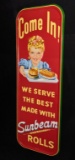 NOS EMBOSSED TIN SIGN WE SERVE SUNBEAM ROLLS