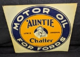 EMBOSSED TIN SIGN AUNTIE CHATTER MOTOR OIL FORDS