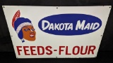 PORCELAIN SIGN DAKOTA MAID FEEDS & FLOUR INDIAN