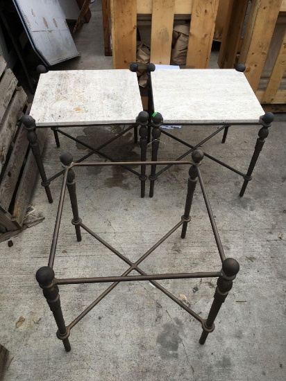 Steel patio tables. Two have travertine tops one is only the shell