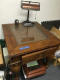 One drawer end table, lamp & small clock. Items around table NOT included