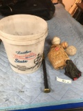 Lot Baseball items. Glove, bat, balls, bucket