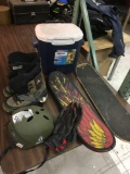 Helmet, boots, skateboards, gloves, cooler