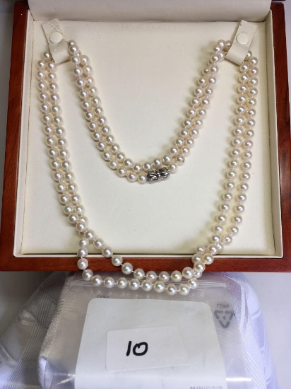 50" Pearl Necklace 14K White Gold Diamond Screw clasp containing 12 Single Cut Diamonds