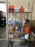 3 ft. Wire rack with contents, cleaning supplies