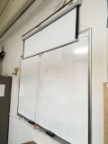 White board, 6 ft. wide and a projector viewing screen, 5 ft. wide, 2 pieces