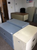 Lateral 2 drawer file cabinets (3), desk, chair and white board, 6 pieces