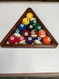 Pool ball set, 1 thru 15 with cue and Olhausen wooden rack