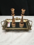 Candle stands, 9 in. tall, on mirrored tray