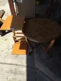 Wood tables, 12 in. x 15 in. x 24 in. tall and 24 in. round x 21 in. tall