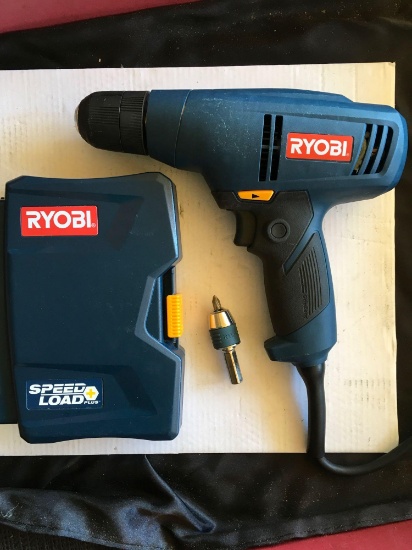 Ryobi 3/8 inch drill with accessories and case, 120v, works good