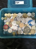 Foreign coins, Souvenir coins, assorted tokens, box full