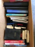Office supplies, assorted books, Bibles, 2 boxes full