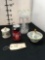 Drop prism candle holder, decorative Fortnum & Mason sugar bowl & Jhonson bowl