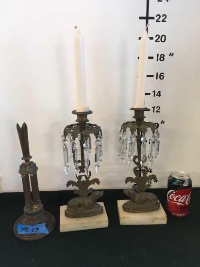 Vintage Candle Holders, Walker & Hali & 2 Ornate Brass and Drop Prism Dog figures on Marble base