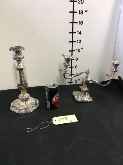 Ornate silver candle holders. The one with two candle holders has stamp "Silver plated" see pic