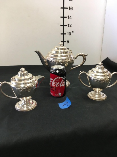 Vintage Royal Windsor Kenyon silver tea pot, creamer and sugar.